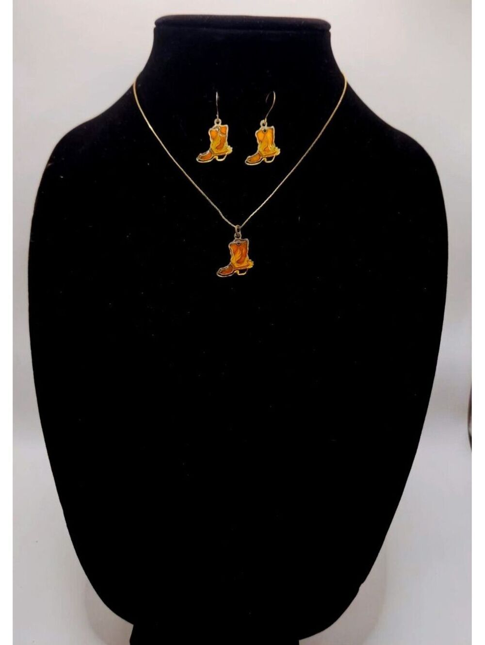 Vintage AGB Enamel Cowboy Boot Jewelry Set Necklace & Dangle Earrings